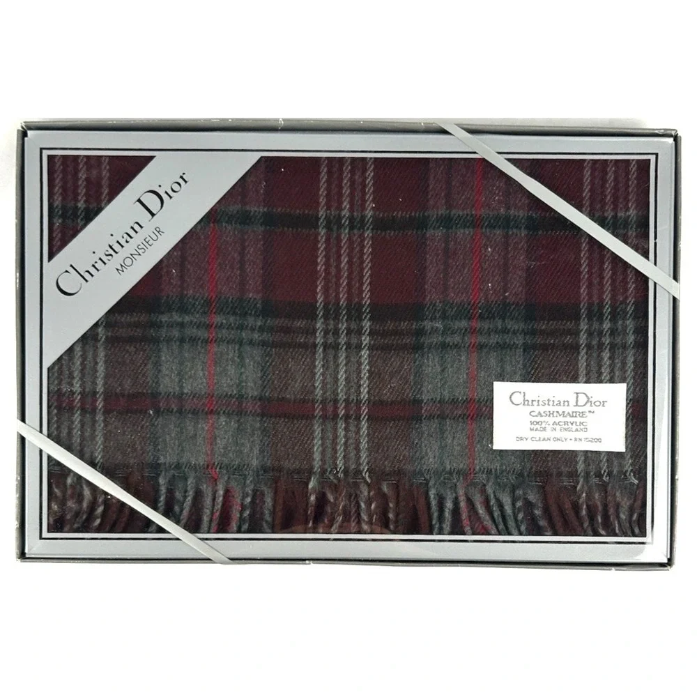 NEW Vintage Christian Dior Plaid Monsieur Cashmaire Acrylic Scarf Fringe England